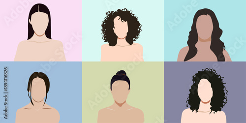 Vector set of faceless female avatars with different hairstyles, skin tones and backgrounds. Modern flat illustration for social media, user profile, diversity concept, UI, web design, apps
