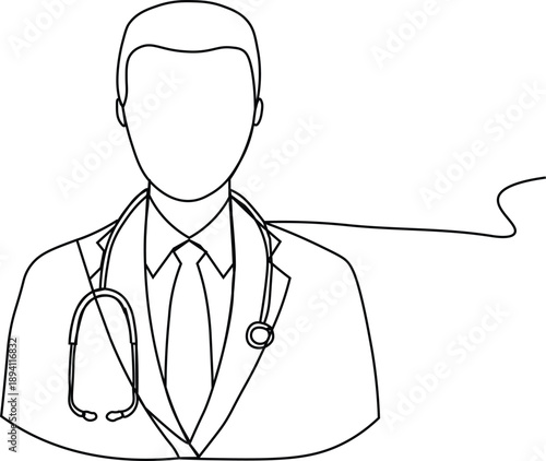 Simple outline of a doctor in coat and stethoscope. Doctor continous line illustration. Medical professional icon. Lab coat line art.