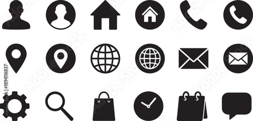 Contact us icon set with phone, email, chat and support symbols for web, app and business UI.