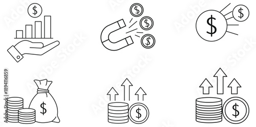 Financial Icon Set: A comprehensive collection of financial icons depicting diverse financial concepts and business elements, perfect for illustrating financial reports and business-related visuals.
