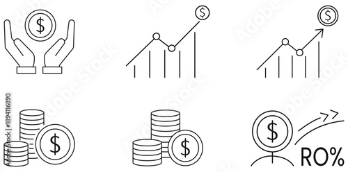 Financial Growth and Investment Icons: A collection of concise icons representing financial growth, investment, and return on investment. The images aim to illustrate concepts like savings.