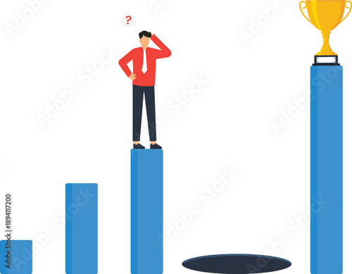Businessman dilemma facing career challenge success obstacle achieving goals business risk financial pitfall growth strategy corporate ambition future uncertainty golden trophy bar graph