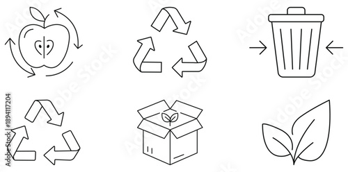 Eco-Friendly Icons: A visual collection of recycling, trash, and eco-friendly symbols representing concepts of waste reduction, conservation, and sustainability.