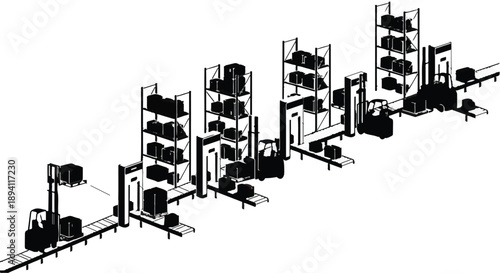 Futuristic cityscape with modern buildings and industrial infrastructure in black and white illustration