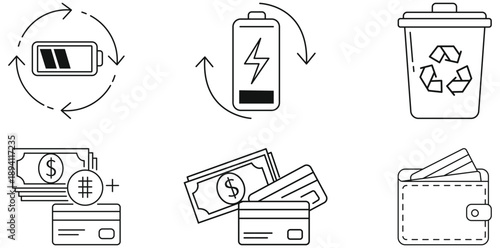Eco-Friendly Battery and Financial Icons: This graphic portrays vital elements of sustainability and money management with sleek, modern icons. Showcasing recycling, energy.