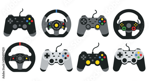 Collection of gaming controllers and racing wheels in a flat design