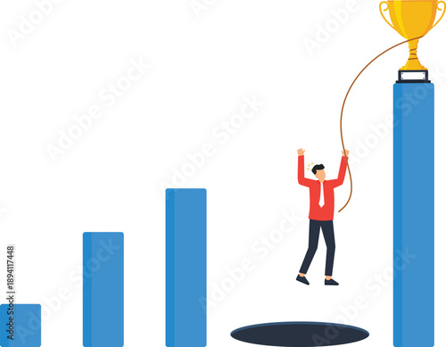 Businessman climbing rope reaching goal golden trophy business challenge financial growth bar graph overcoming obstacle performance metric corporate risk flat design conceptual art