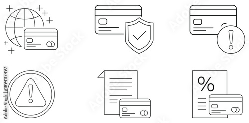 Securing Finances: A collection of concise line art illustrations, each symbolizing facets of secure transactions and digital finance.