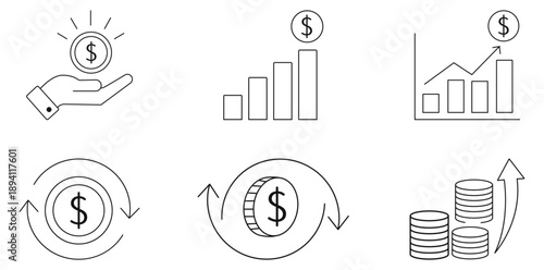 Financial Growth Symbols: Minimalist illustrations depict various aspects of financial growth, including upward trends, investment, and currency.