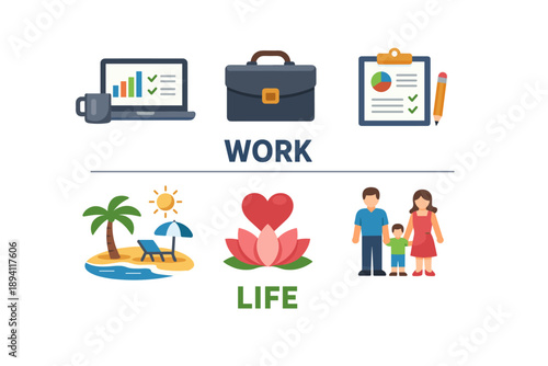 Work-life balance concept: laptop, briefcase, family, beach, heart, clipboard