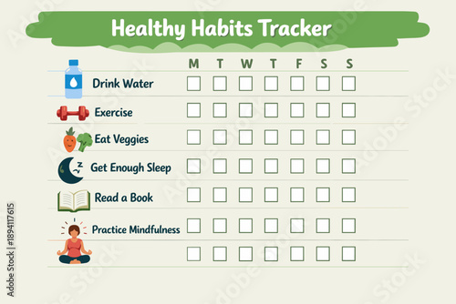 Healthy habits tracker chart with daily goals for wellness