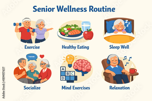 Senior wellness routine: exercise, healthy eating, sleep, socializing, mind activities, relaxation