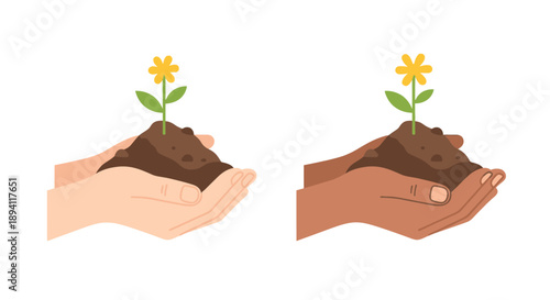 Hands holding soil with sprouting yellow flowers diverse skin tones