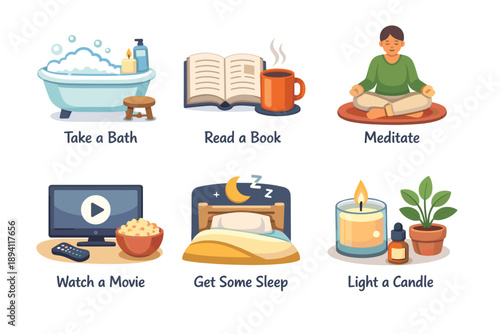 Self-care activities: bath, reading, meditation, movies, sleep, candle