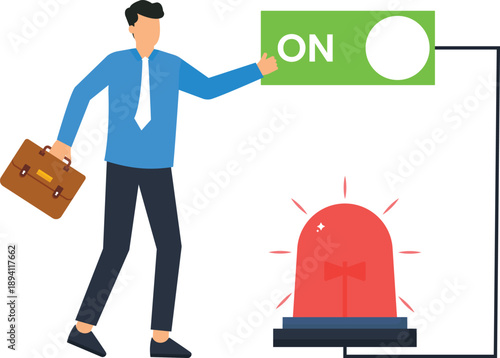 Businessman activating emergency siren warning signal risk management system startup professional worker modern illustration digital security alarm system