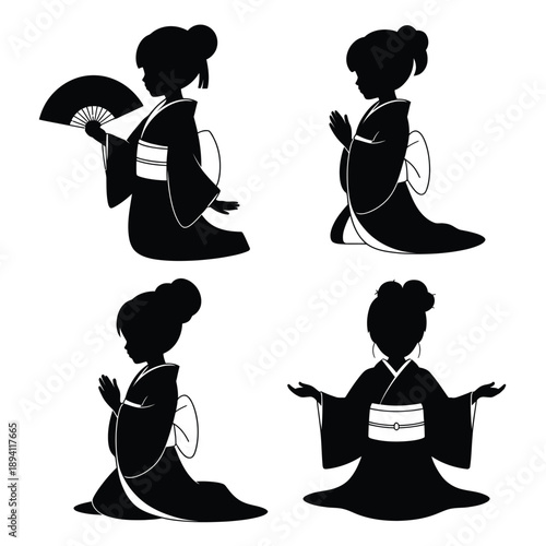 Four Geisha Silhouettes in Traditional Kimonos with Different Poses