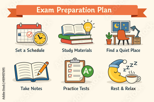 Exam preparation tips illustrated with study schedule, materials, quiet place, note taking, practice, rest