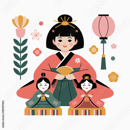 Woman in Pink Kimono Holding Two Dolls with Floral Background