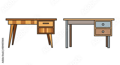 Two minimalist desks are illustrated in a flat cartoon style
