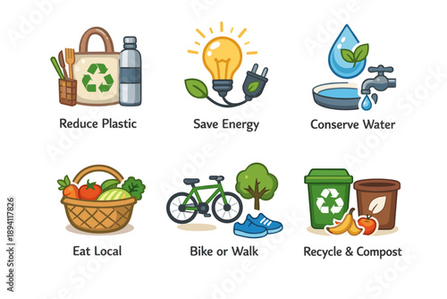 Eco-friendly habits: reduce plastic, save energy, conserve water, eat local, bike, recycle