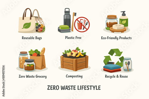 Zero waste lifestyle concepts with eco-friendly products and recycling