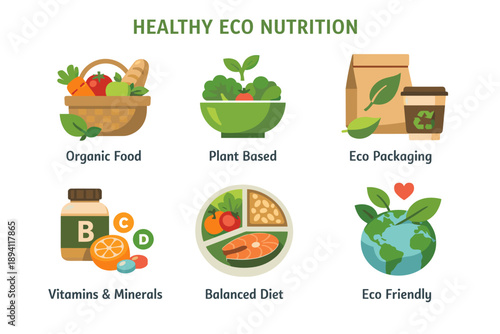 Healthy eco nutrition: organic food, plant-based meals, eco packaging, vitamins, balanced diet
