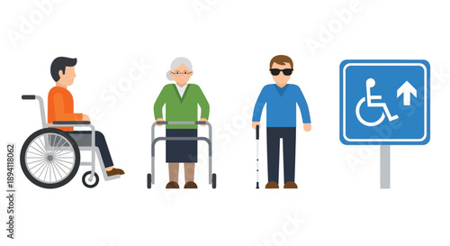 Accessibility symbols depicting people with disabilities and an accessible sign