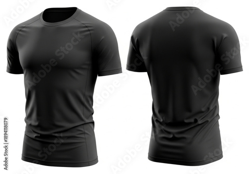 Blank black t-shirt mockup, front and back view, isolated on white background. Men's plain black t-shirt template for design and print.