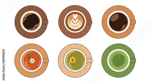 A collection of six colorful top down views of different beverages in cups