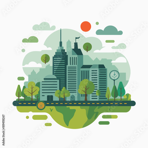 Cityscape with Green Trees and Roadway skyscrapers