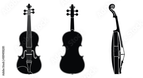 Silhouettes of violins front side and profile views in black and white