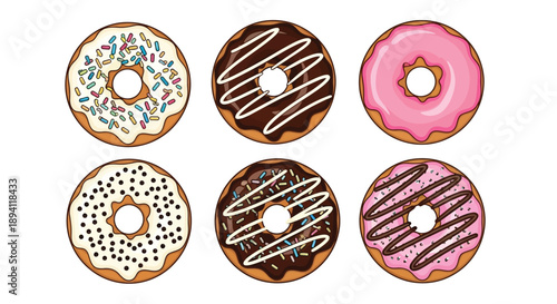 Six colorful donuts with various toppings arranged in two rows