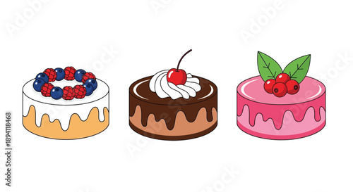 Three small cartoon cakes with different toppings and colorful frosting