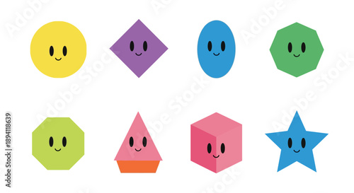 Colorful geometric shapes with smiling faces arranged in two rows