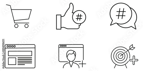 Online Marketing and Interaction Icons: A collection of simple, elegant line icons that encapsulate the essence of digital marketing and social engagement, including concepts of online shopping.