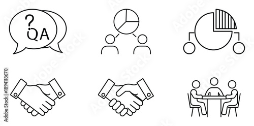 Business Icons: A curated collection of business icons. Representing diverse aspects of corporate dealings. From question-and-answer exchanges to analytical diagrams and collaborative gestures.