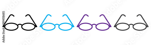 A row of classic round-rimmed glasses in various colors on a white background