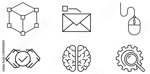 Digital Icons: A set of simple yet informative digital icons, artfully arranged to represent various concepts, including creativity, communication, and technological innovation.