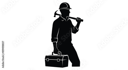 A stark black silhouette depicts a construction worker carrying tools and a toolbox emphasizing manual labor silhouette high quality professional detailed