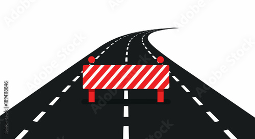 Road Block Ahead on Winding Asphalt Highway with Striped Barrier