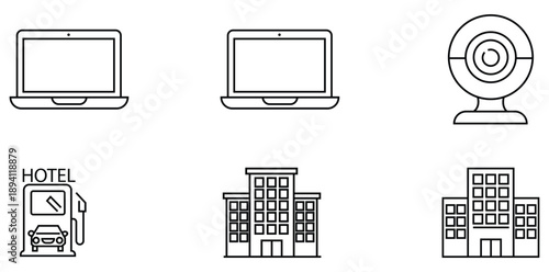 Digital Icons and Architectural Representation: A collection of meticulously designed icons showcasing a laptop, a webcam, a hotel and accommodation building.