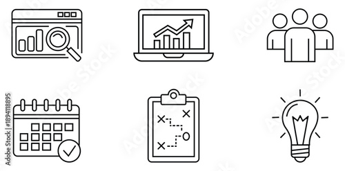 Business Icons: A curated collection of business-themed line icons, including magnifying glass on chart, laptop chart, group of people, calendar, planning board, light bulb.