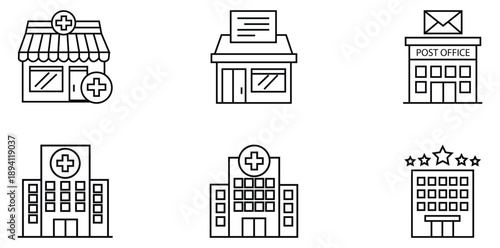 Urban Icons: A collection of meticulously crafted, minimalistic line art icons showcases essential urban services, from medical facilities to postal services and hotels. 