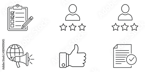 Essentials of Review: A collection of concise icons depicting key elements such as a review, like, and confirmation. 
