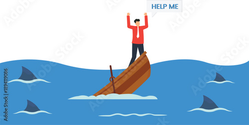 Businessman sinking boat business crisis financial risk danger warning desperate help market failure corporate collapse economic downturn survival challenge deep water shark attack