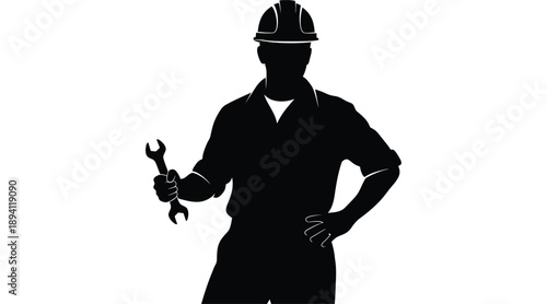 A stark black silhouette depicts a construction worker holding a wrench showcasing industrial labor and safety practices silhouette high quality professional