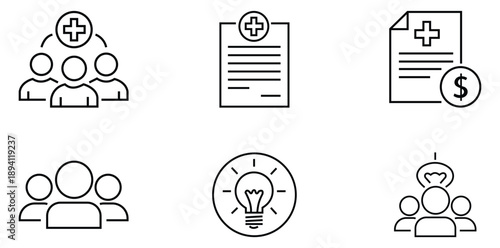 Healthcare Icons Collection: A minimalistic set of healthcare icons, embodying concepts of collaboration, documentation, finances, teamwork, ideas, and patient care.