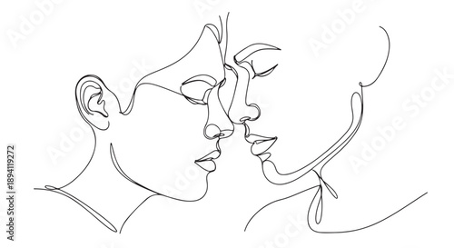 Close-up single line drawing of a couple kissing, expressing intimacy and love in a minimalist style