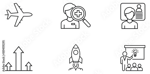 Modern Iconography: A curated collection of minimalistic icons representing travel, patient care, team building, business growth, innovation, and educational concepts.