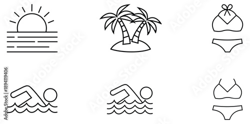 Summer Icons: A collection of summer icons in a minimalist style, featuring a sun setting over the ocean, palm trees on an island, bikini, and a swimmer in the water.